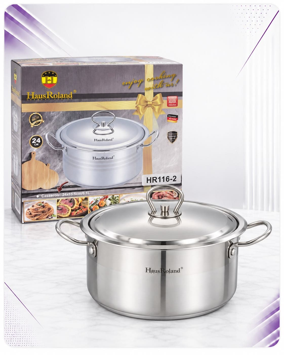 Tenxhere Haus Roland me kapak inox, 24 cm / 6.1 L